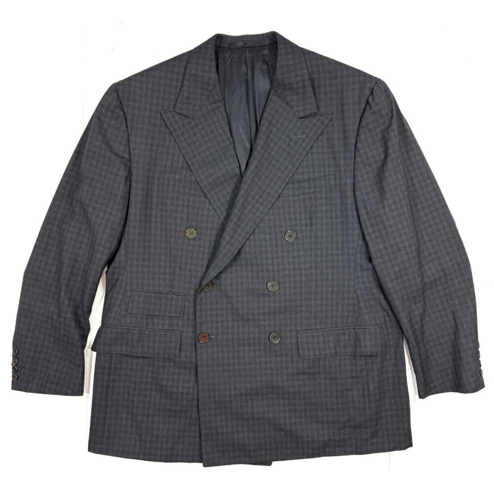 Ralph Lauren Purple Label Double Breasted Suit Jacket Mens 44R Black Plaid Wool
